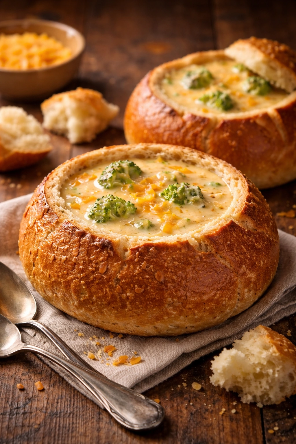 Creamy broccoli cheddar soup in rustic bread bowls on a wooden table