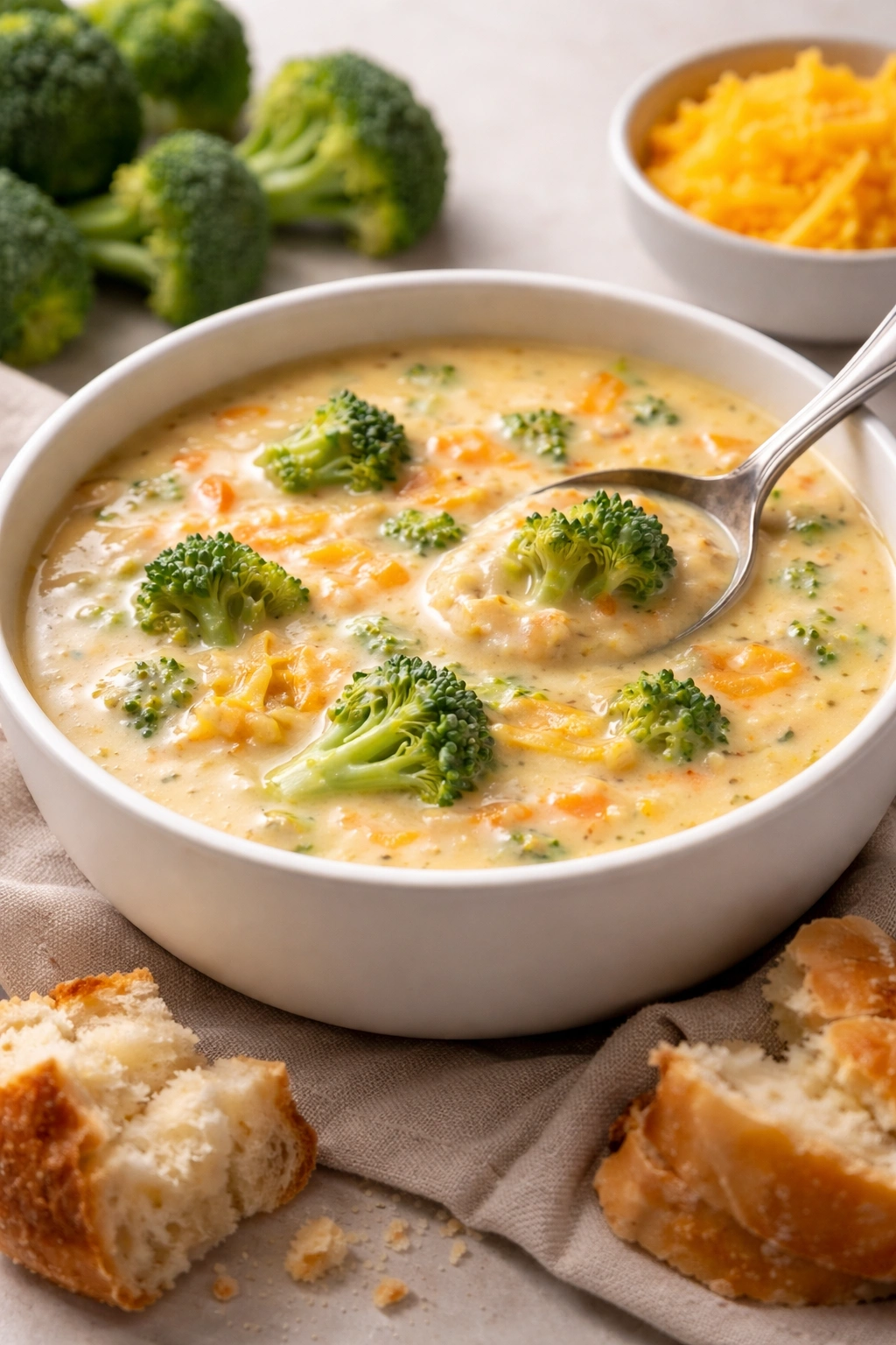 White bowl of broccoli cheddar soup with visible broccoli florets.