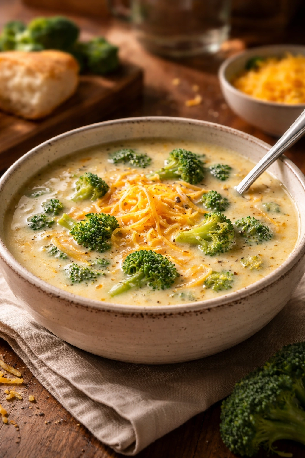 Creamy broccoli cheddar soup in a bowl with vibrant broccoli color.