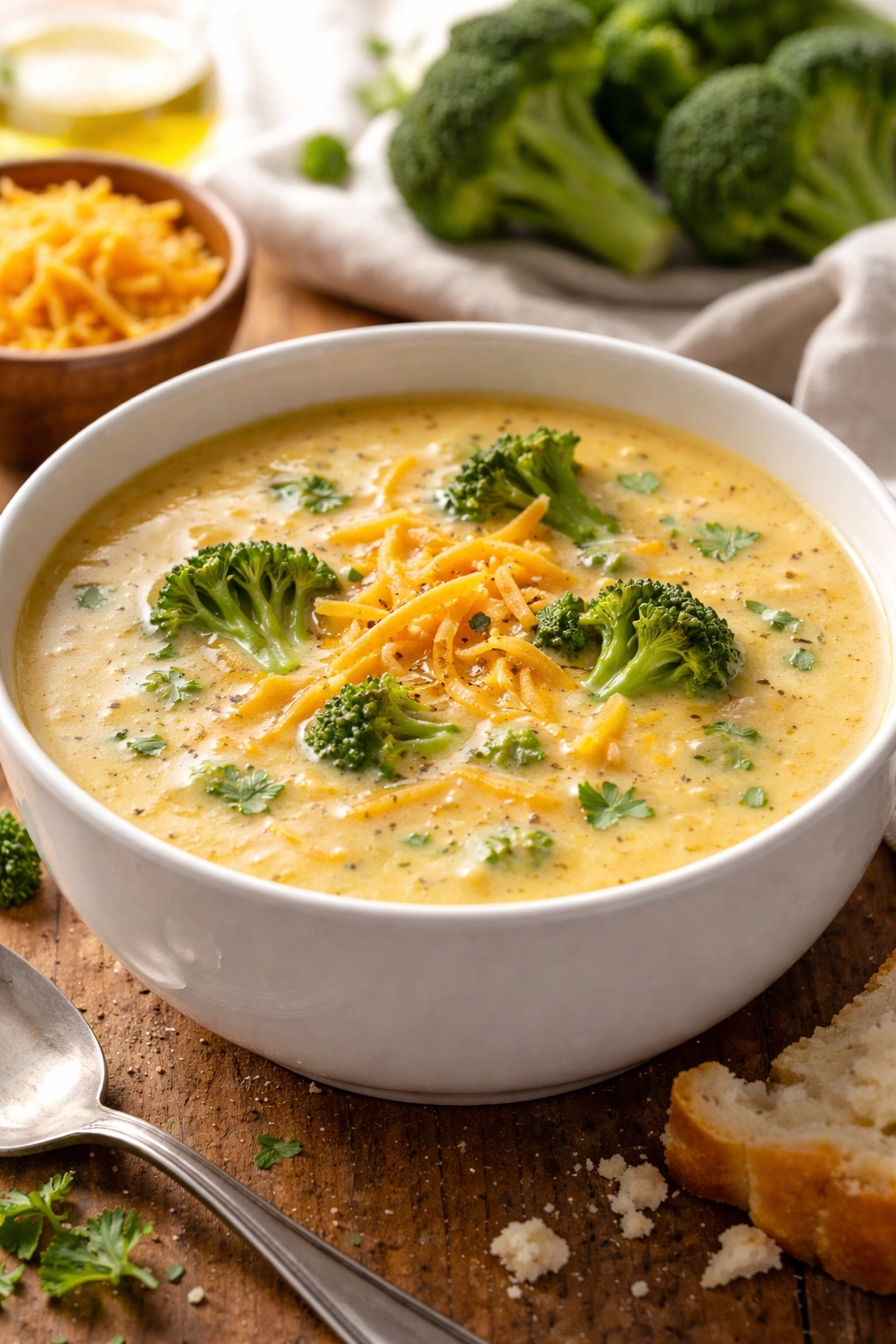 Close-up of smooth broccoli cheddar soup in bowl, showing lump-free texture and emulsification.