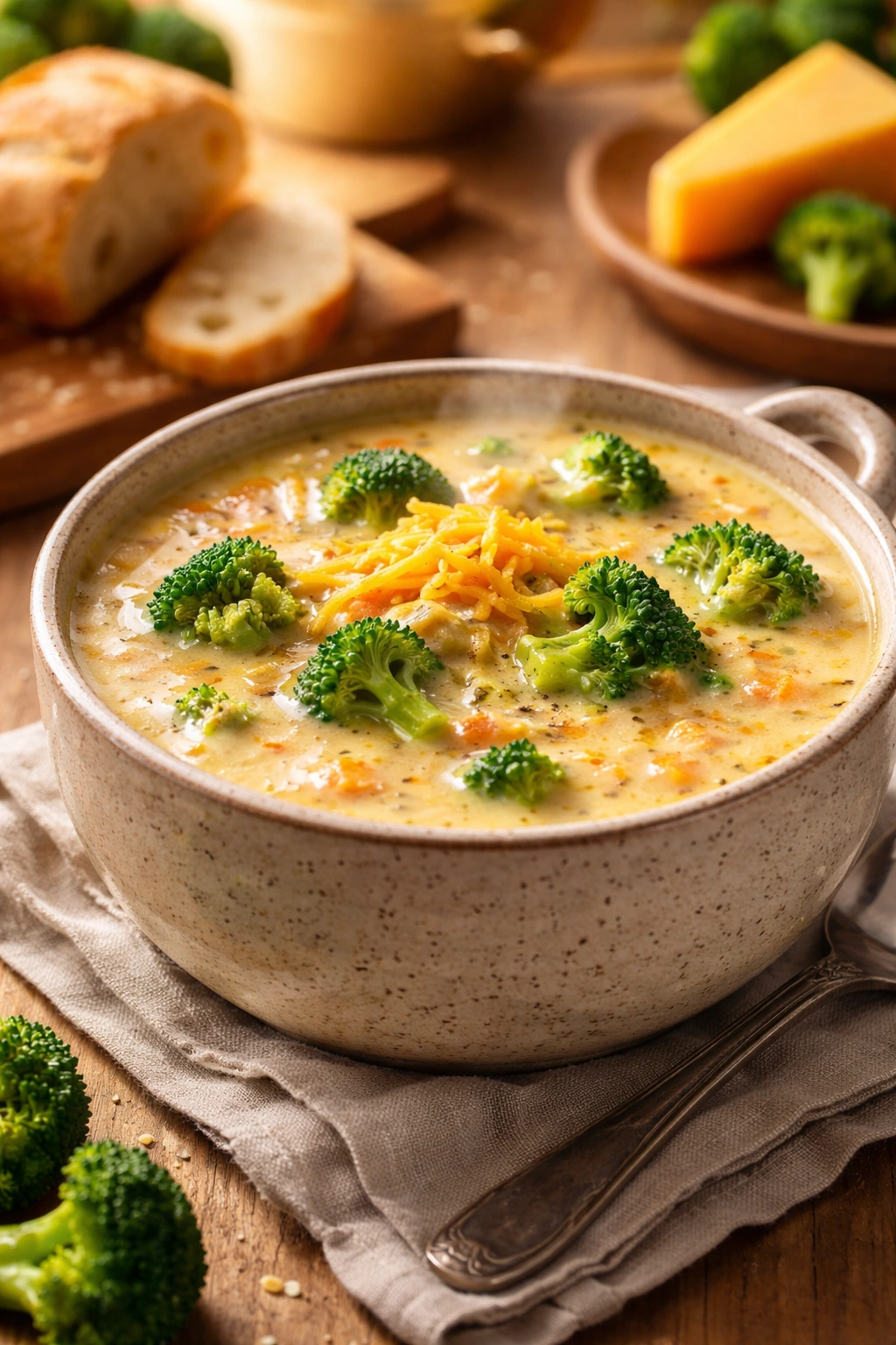 Close-up of creamy broccoli cheddar soup in a rustic bowl with green broccoli florets and steam