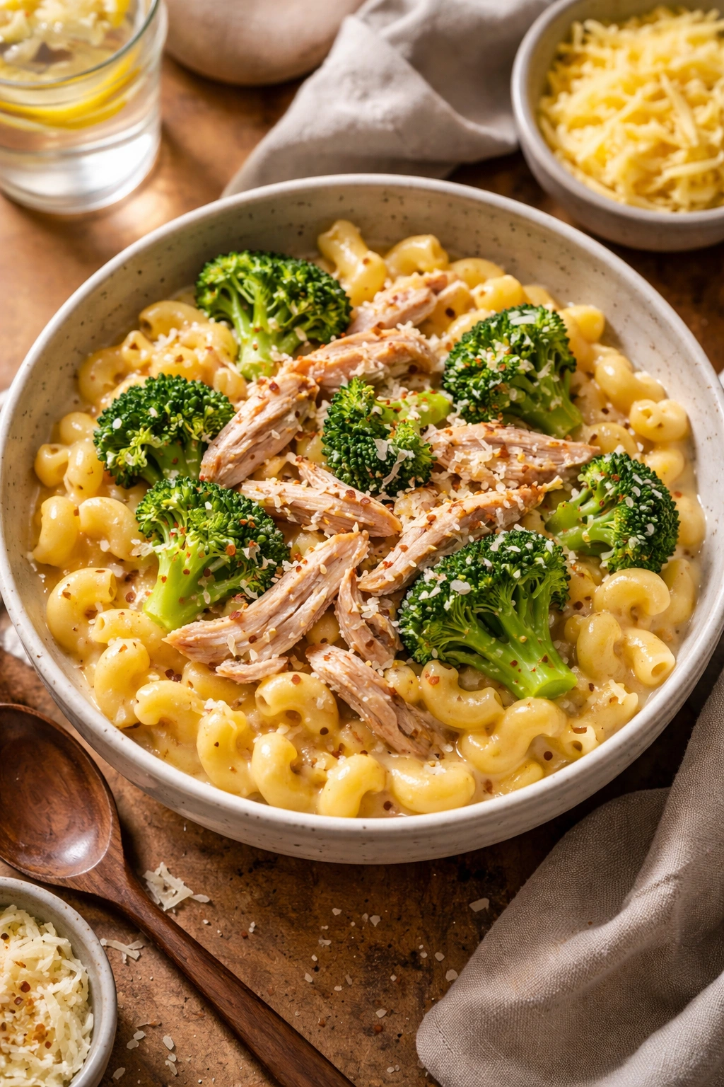 Mac and cheese with broccoli and chicken mix-ins in a bowl