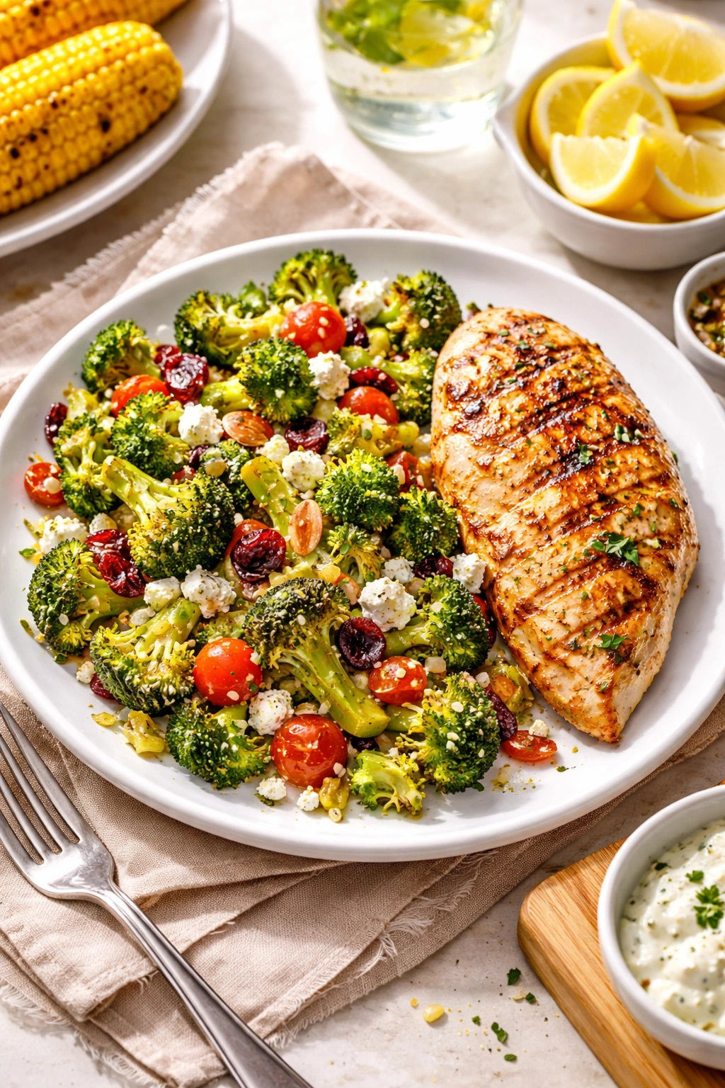 Broccoli salad plated with grilled chicken for serving suggestions and pairings.