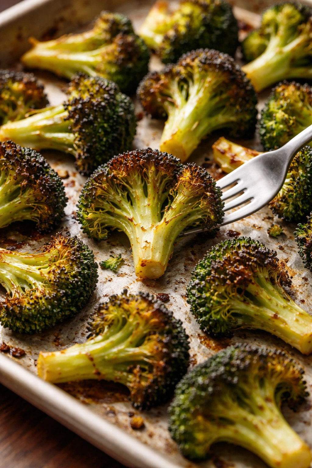 Broccoli florets with dark golden edges and crisp tips