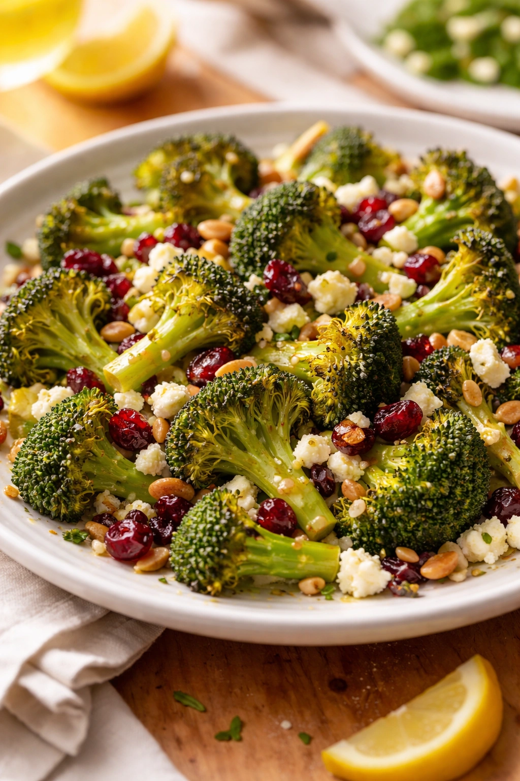Final thoughts: close-up of golden broccoli salad with feta and nuts.