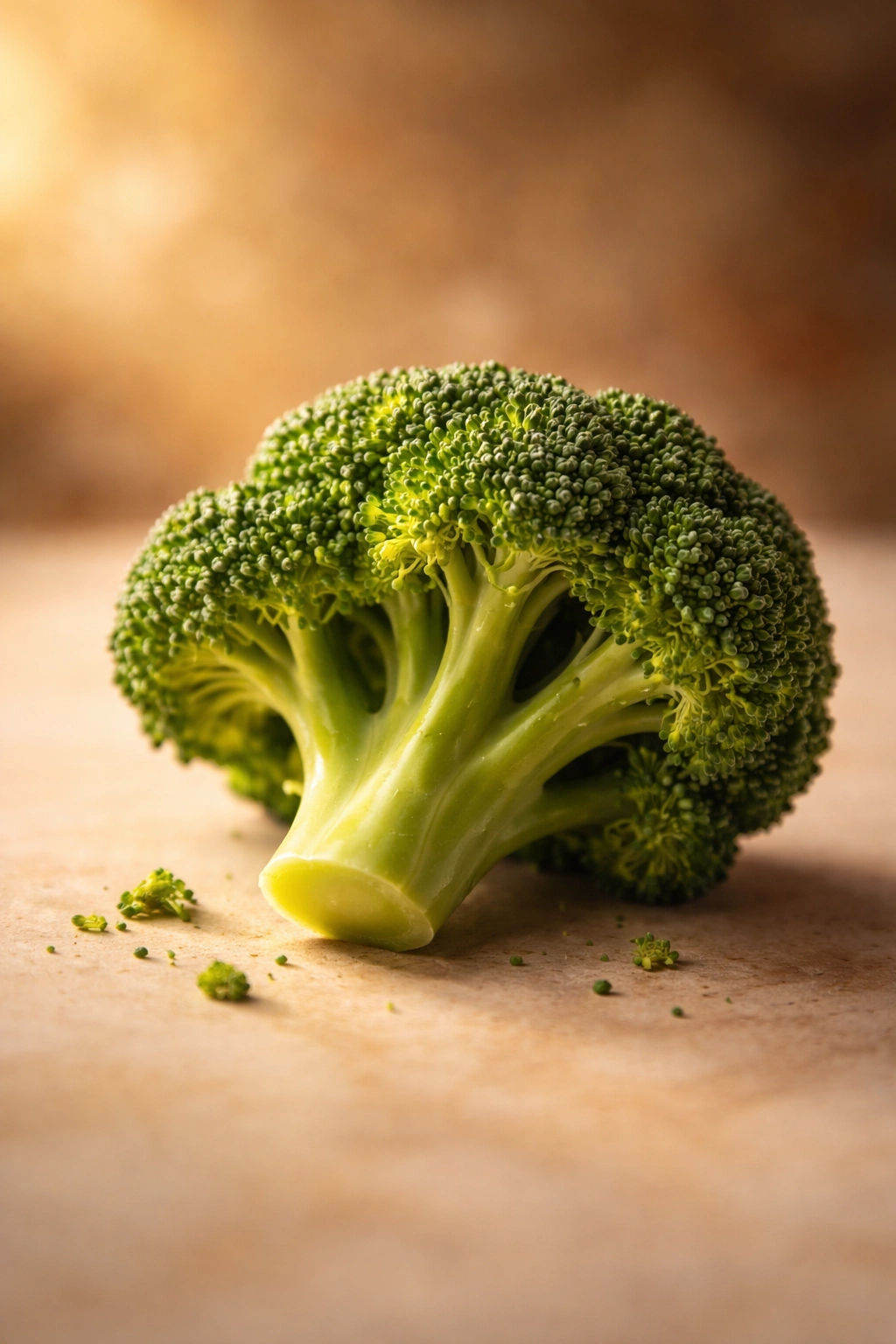 Warmly lit broccoli floret with soft background