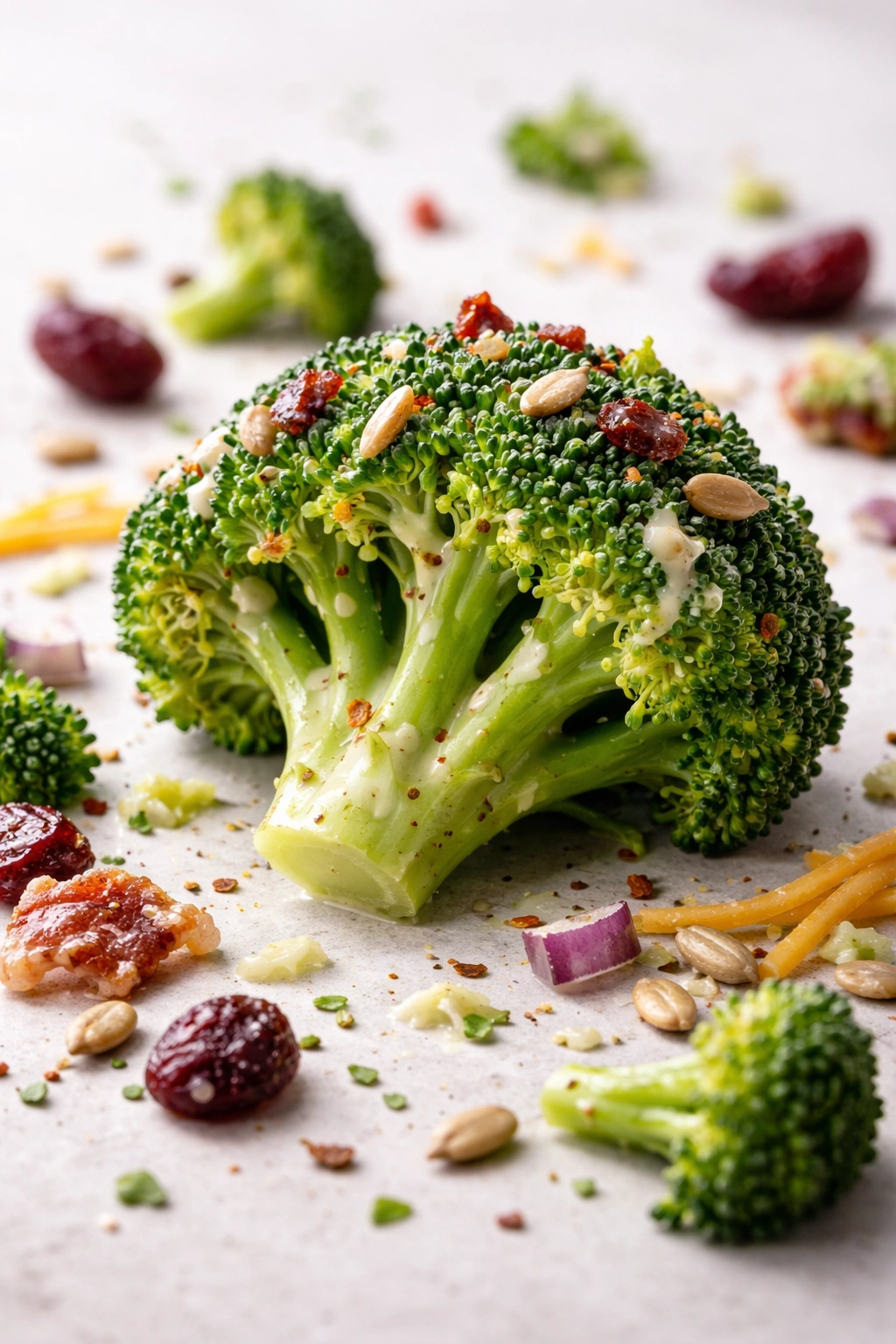 Broccoli floret with glossy glaze suggesting flavor variations