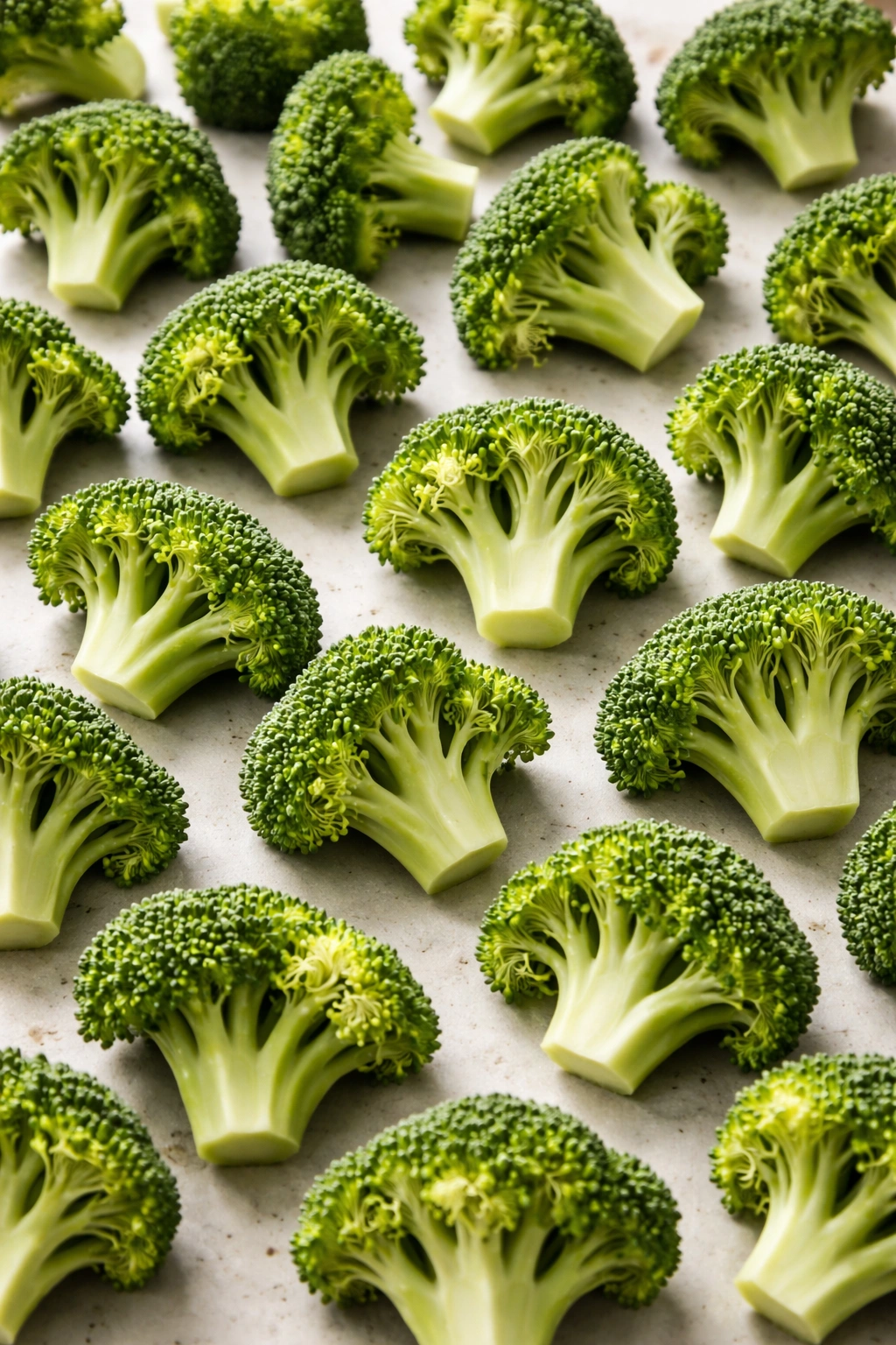 Uniform broccoli florets arranged for even roasting