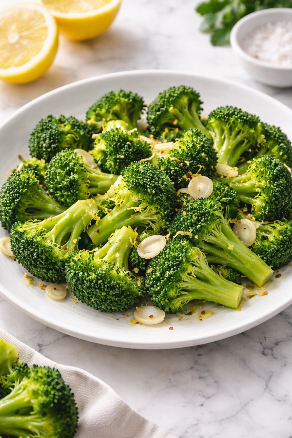 Steamed broccoli with garlic and lemon on a plate