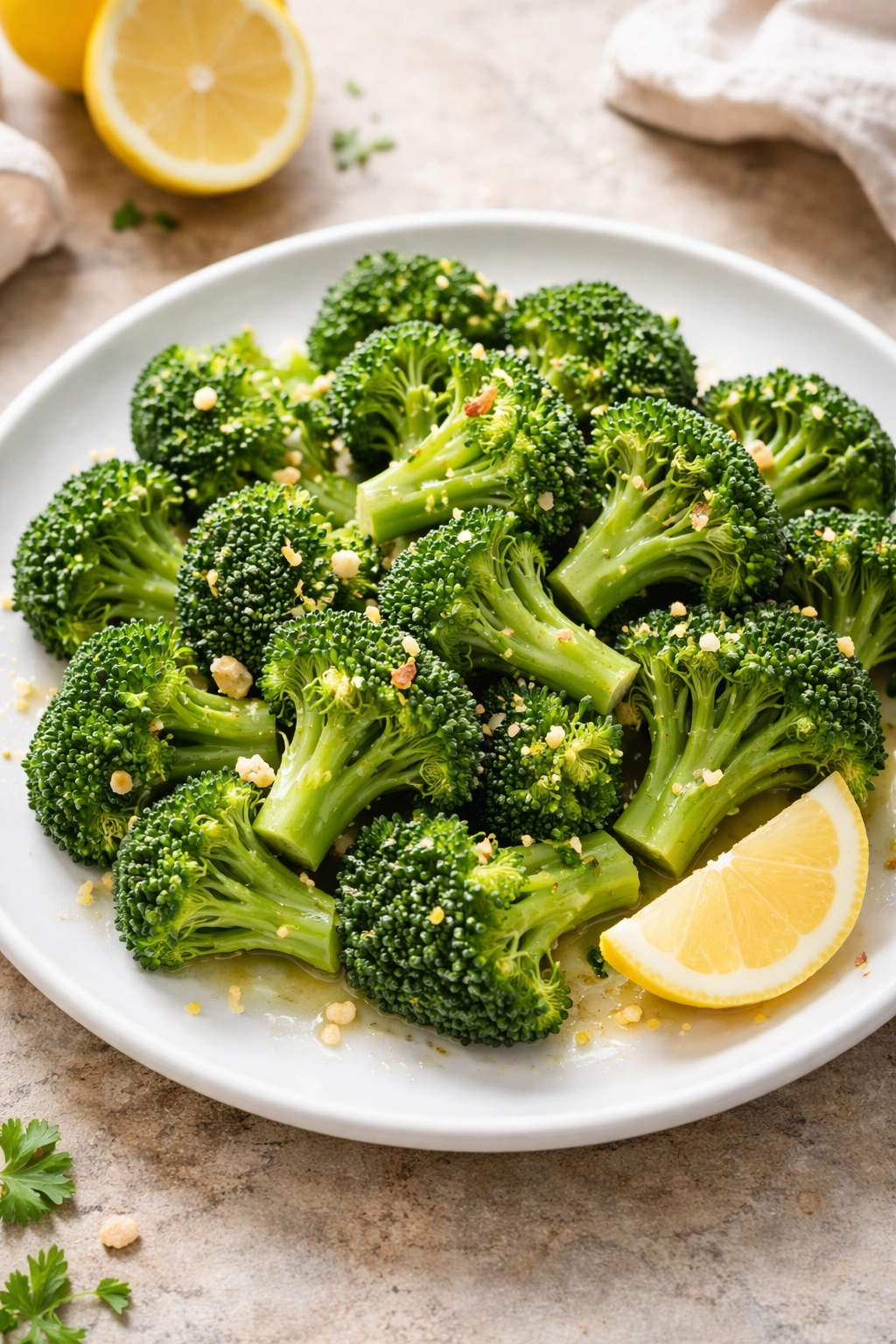 Bright steamed broccoli florets with a light lemon-garlic drizzle on a plate