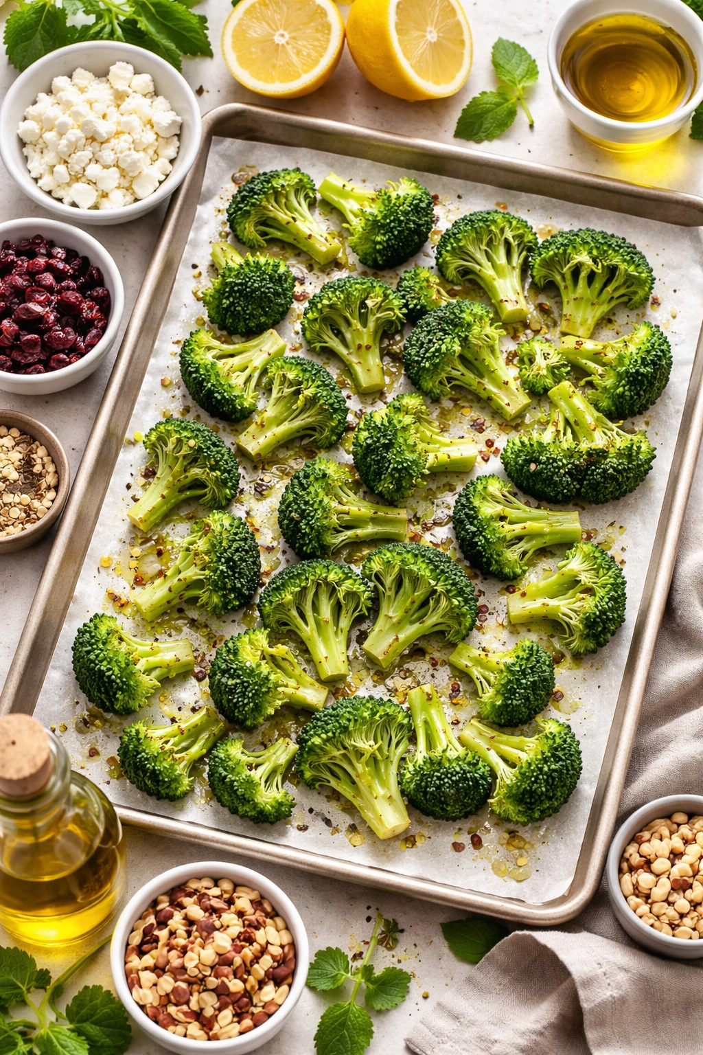 Broccoli florets ready for roasting on parchment-lined sheet