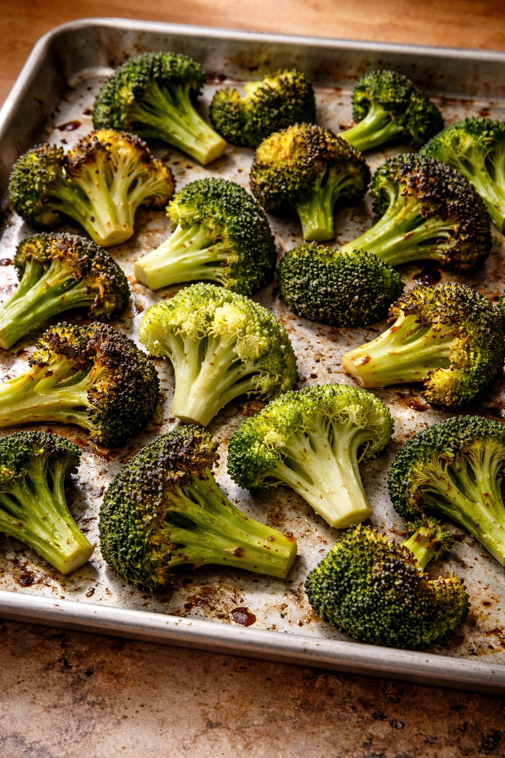 Broccoli on a pan showing uneven browning and pale spots