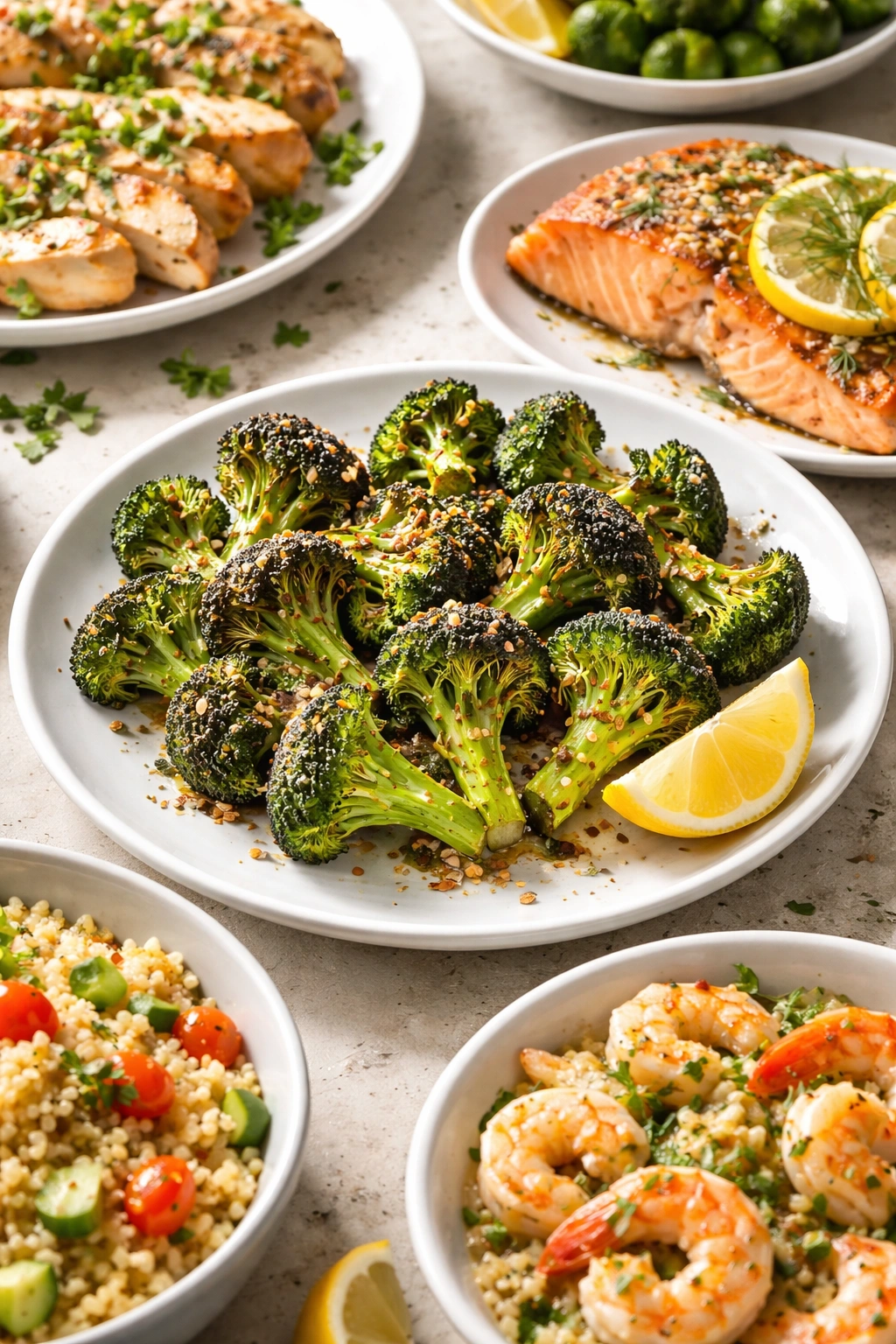 Roasted broccoli on plate with lemon wedge for pairing idea