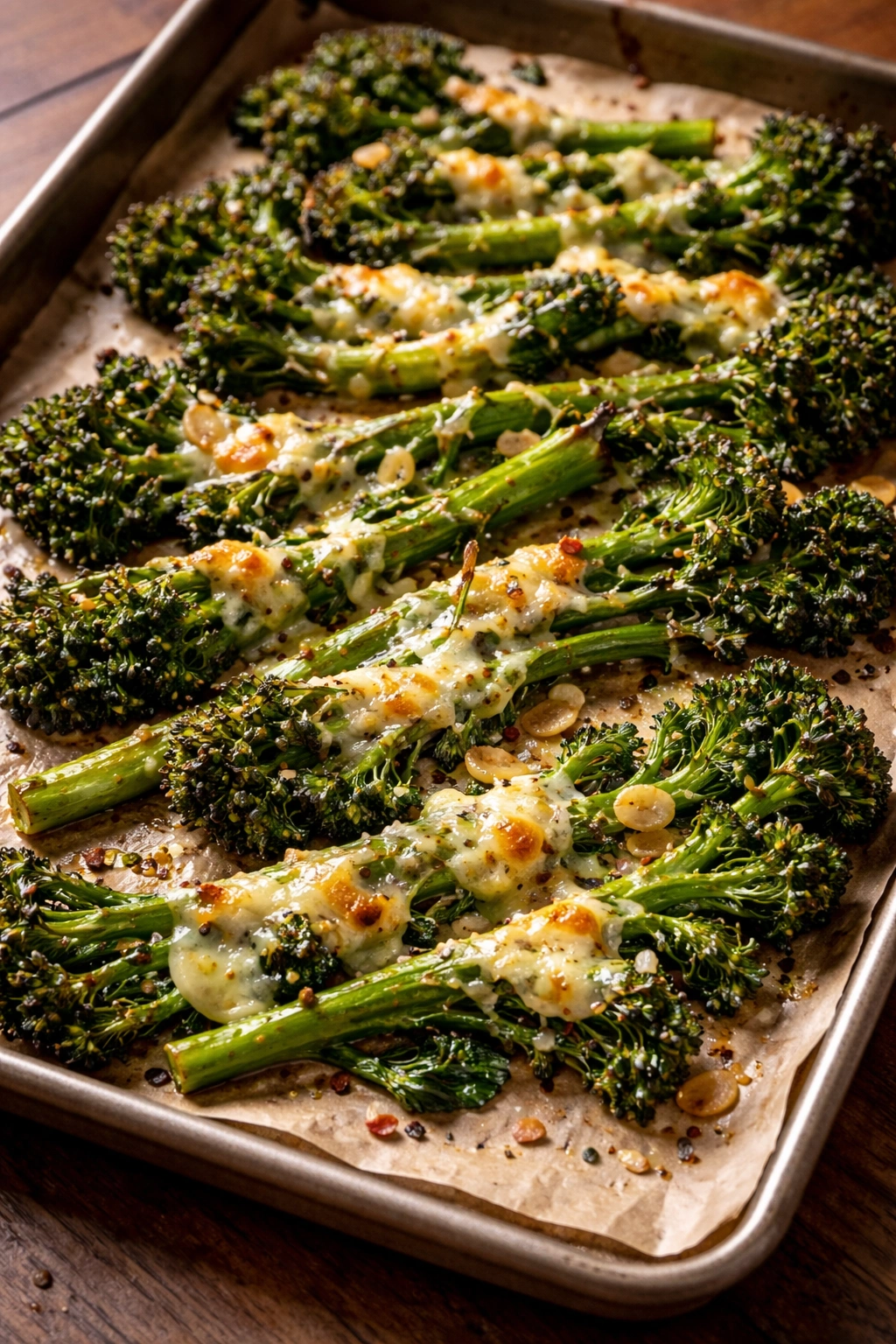 Broccoli rabe with melted cheese and garlic, roasted