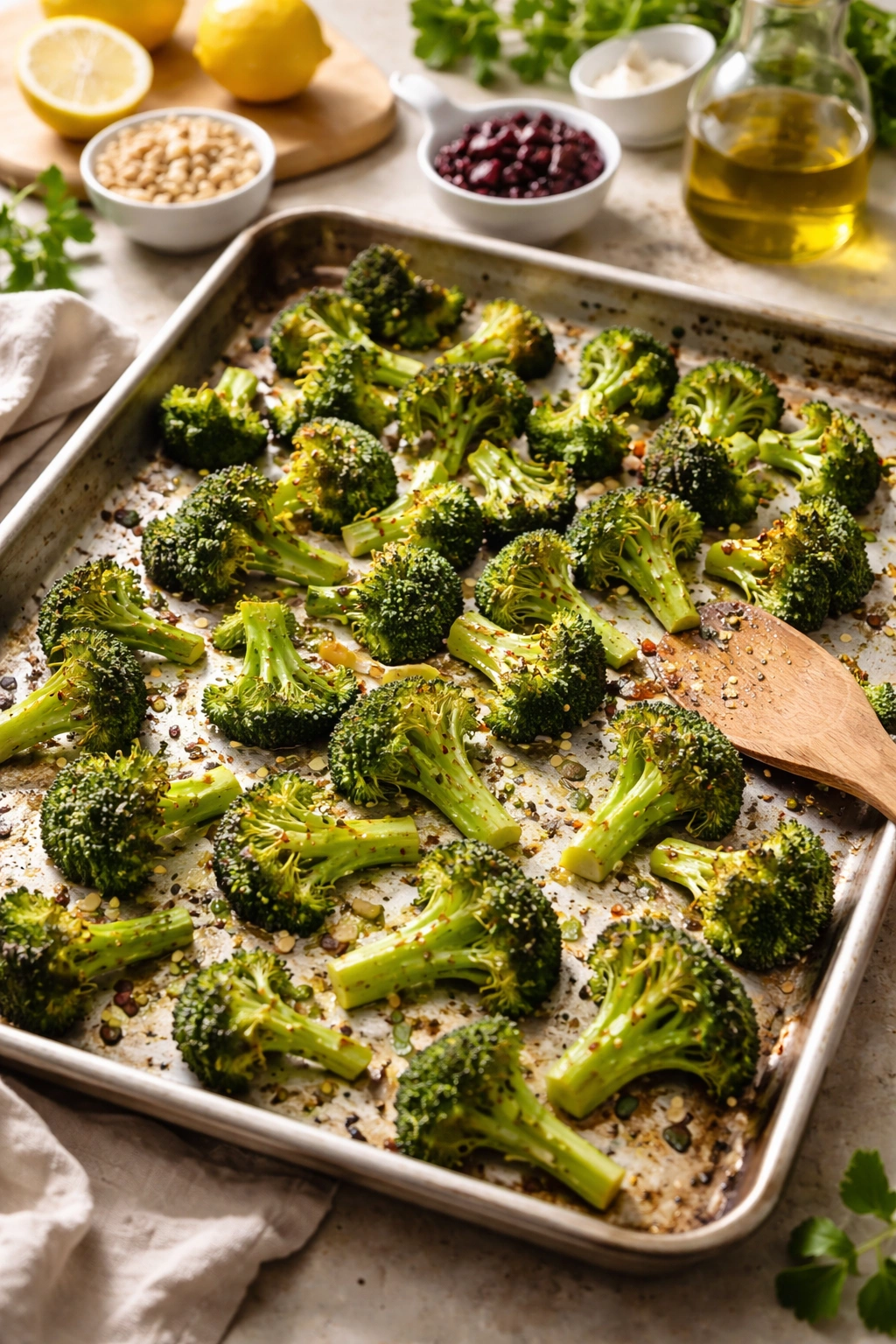 Broccoli roasting on a sheet pan in a warm kitchen