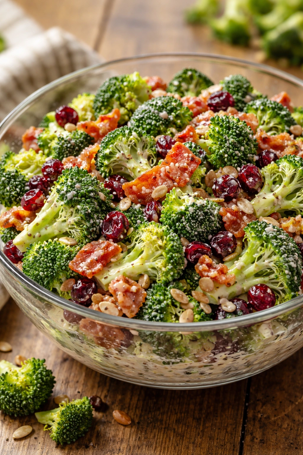 Close-up of broccoli salad with cranberries and bacon in a glass bowl on a rustic wooden table
