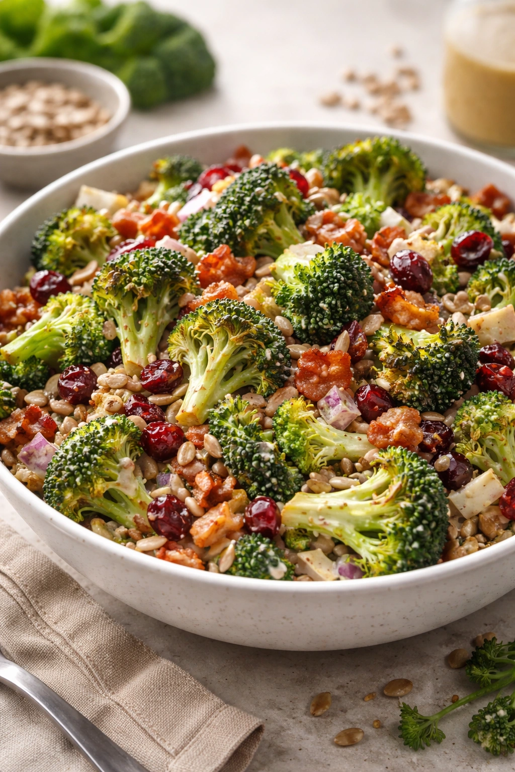Broccoli salad with bacon, cranberries and seeds in a bowl