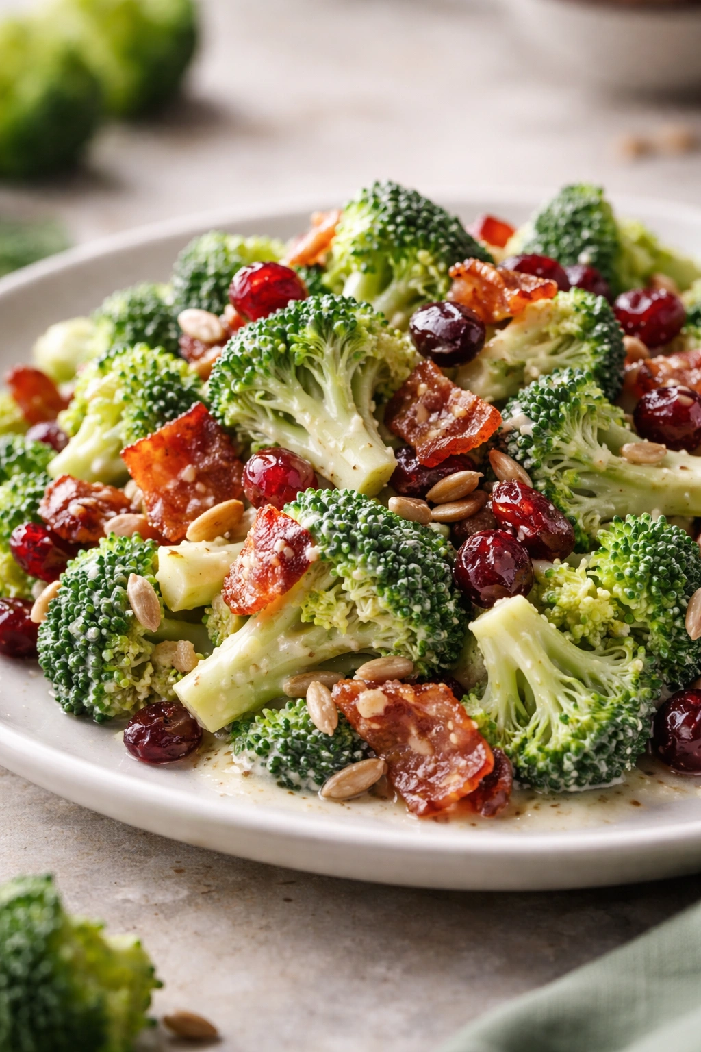 Close-up of broccoli salad with creamy dressing, bacon, and cranberries