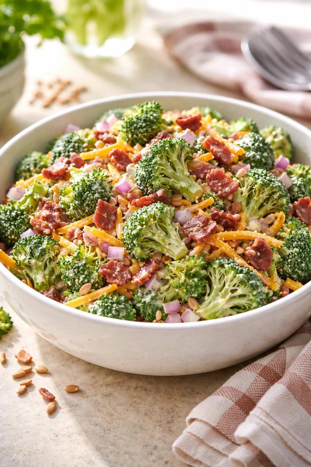 Close-up of broccoli salad with bacon, cheddar, red onion and seeds in a creamy dressing