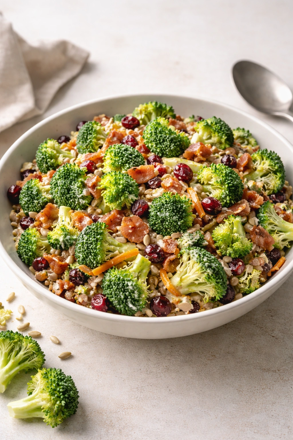 Polished broccoli salad on a simple plate in a neutral setting