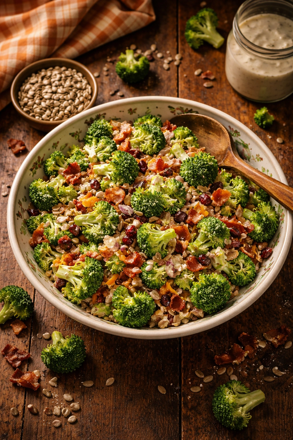 Vintage bowl of broccoli salad on wooden table