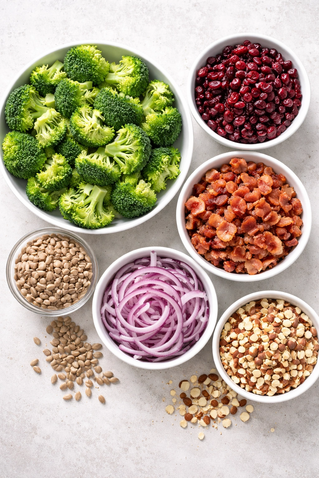 Top-down view of broccoli salad ingredients arranged on a light surface: broccoli, bacon, cranberries, seeds, red onion, almonds