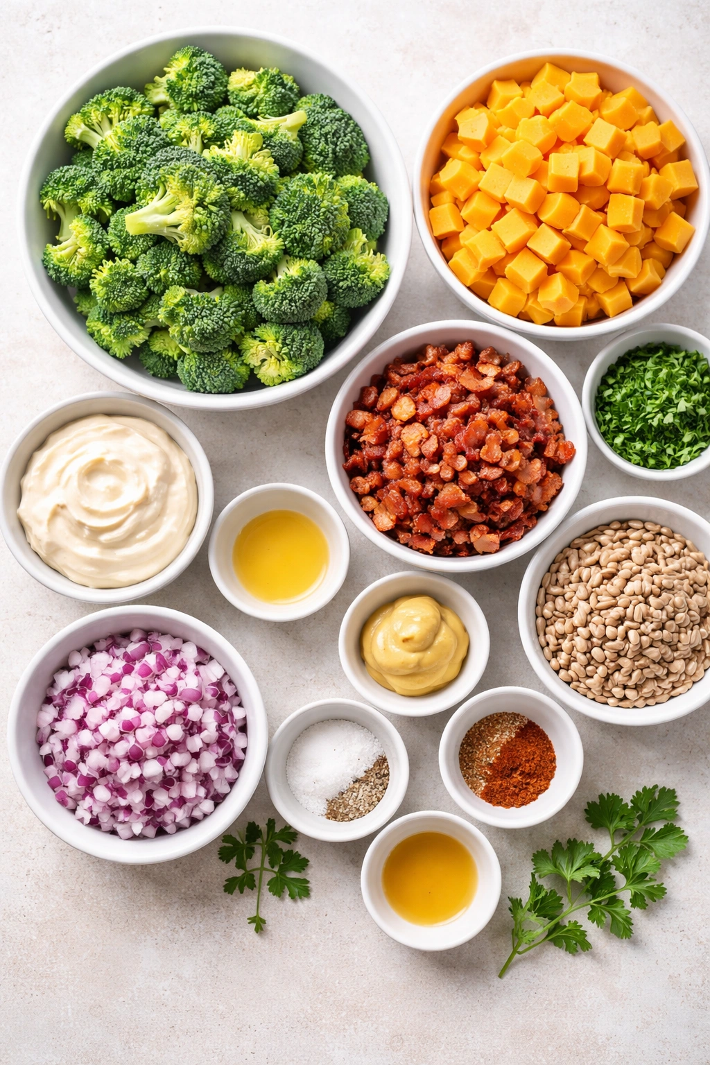 Ingredients laid out for Low-Carb Loaded Broccoli Salad