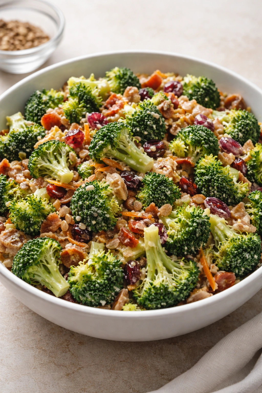Finished broccoli salad in a serving bowl with glossy dressing