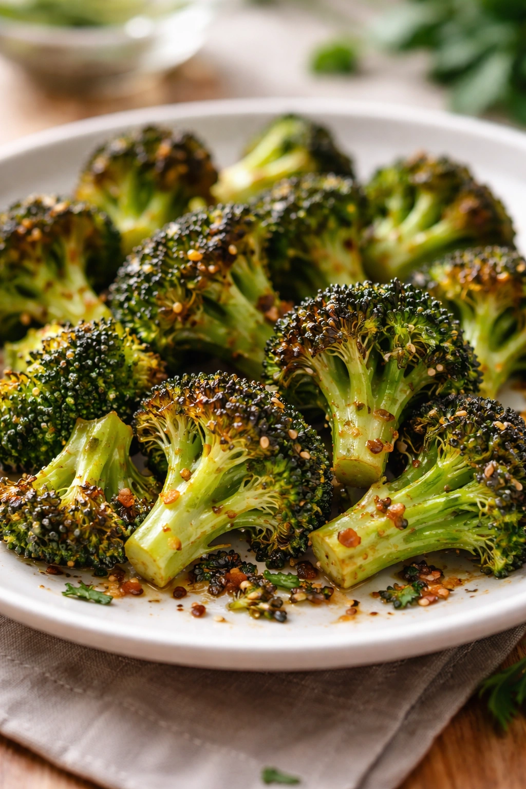 Close-up of roasted broccoli florets with glaze on a plate