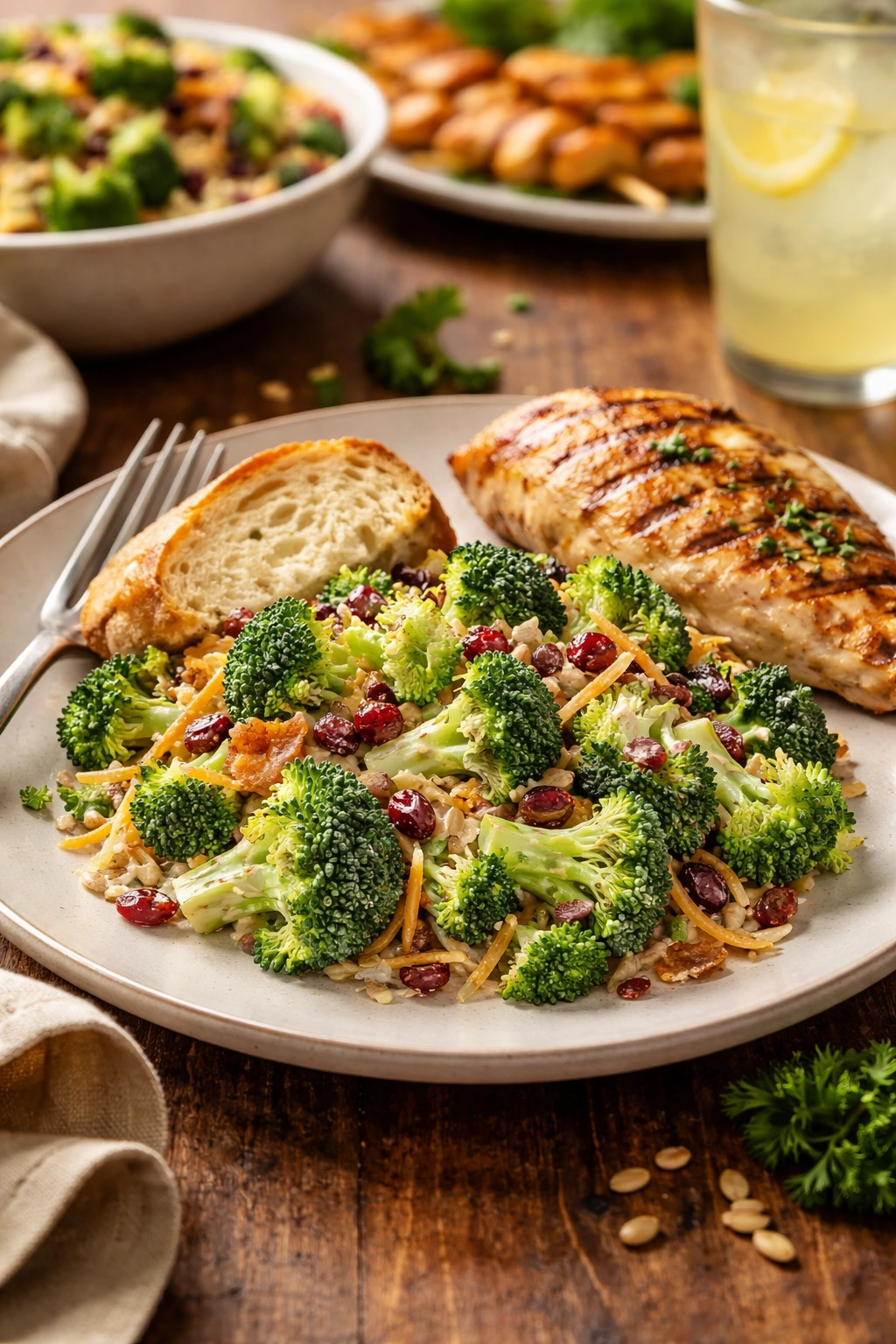Broccoli salad plated with bread and grilled chicken to suggest serving ideas