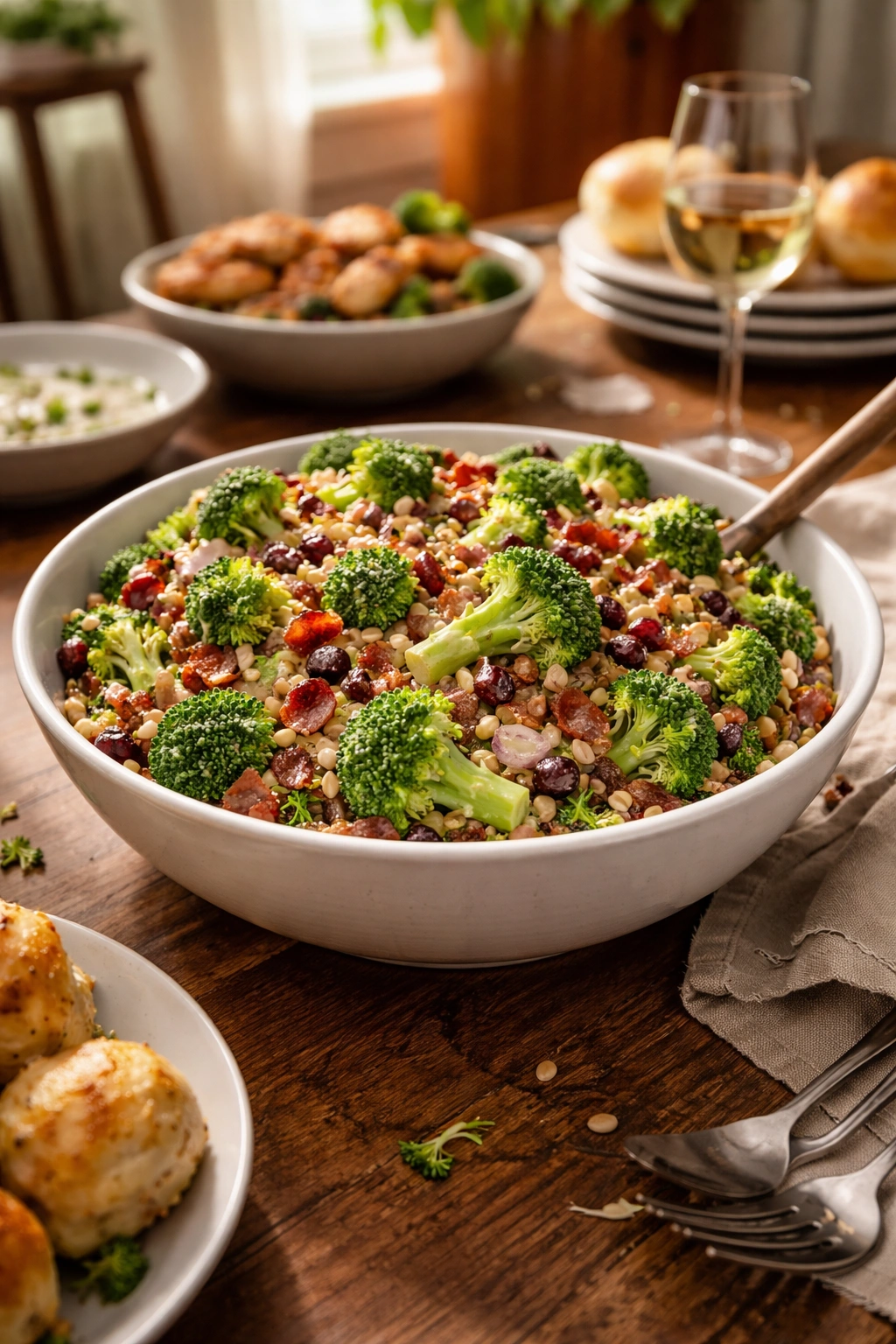 Broccoli salad served in a bowl on a dining table ready to serve
