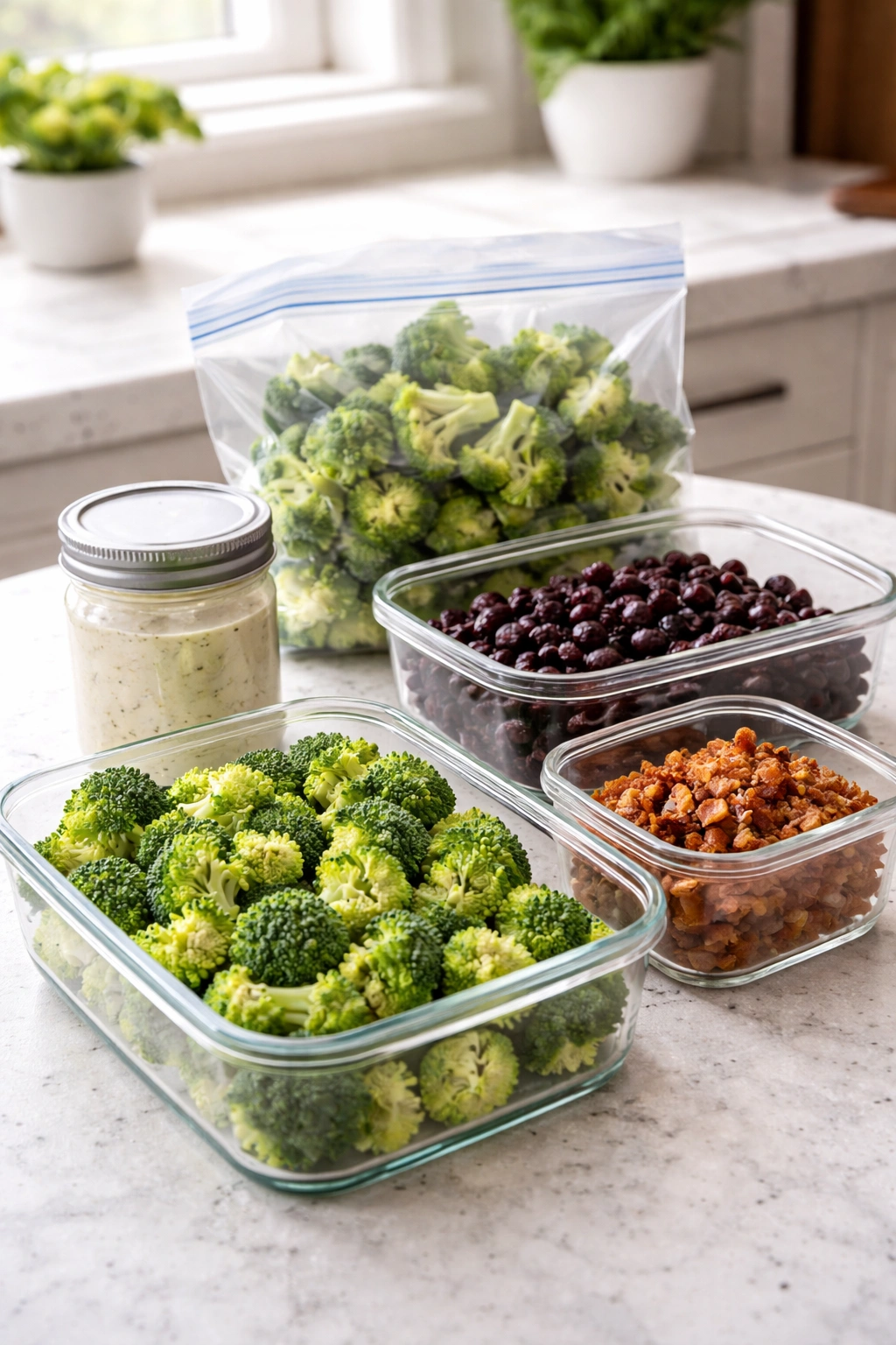 A collection of airtight containers with broccoli salad components ready for storage