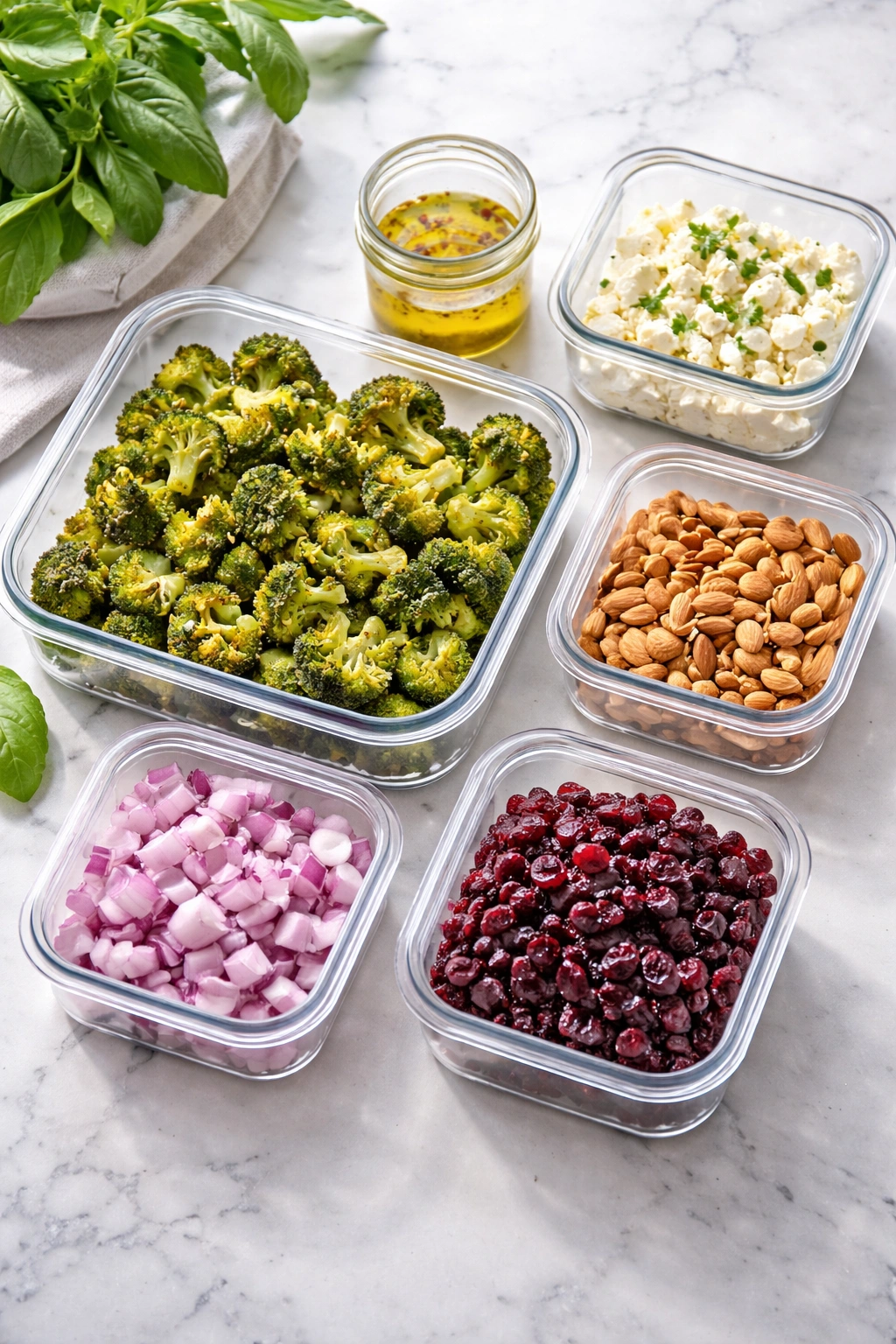 Airtight containers storing broccoli salad components for freshness in a cool kitchen.