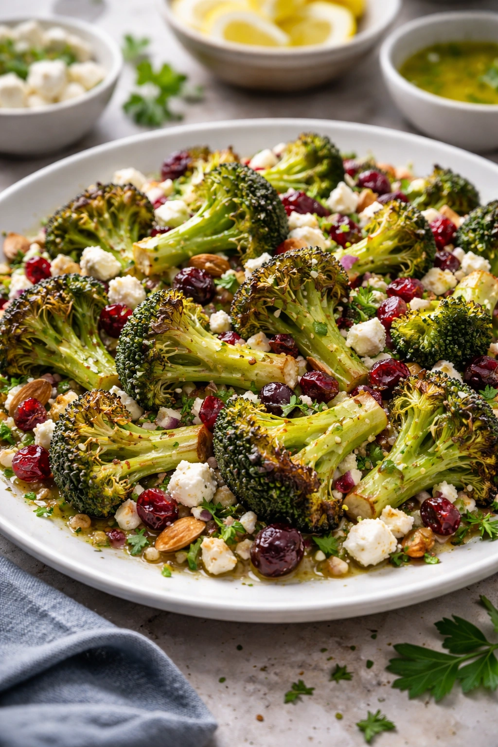 Close-up of roasted broccoli salad showing feta and nuts, highlighting freshness.