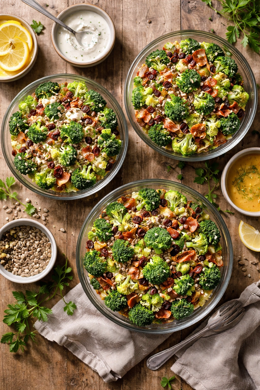 Three bowls of broccoli salad with varied dressings and fresh herbs on a rustic wooden table