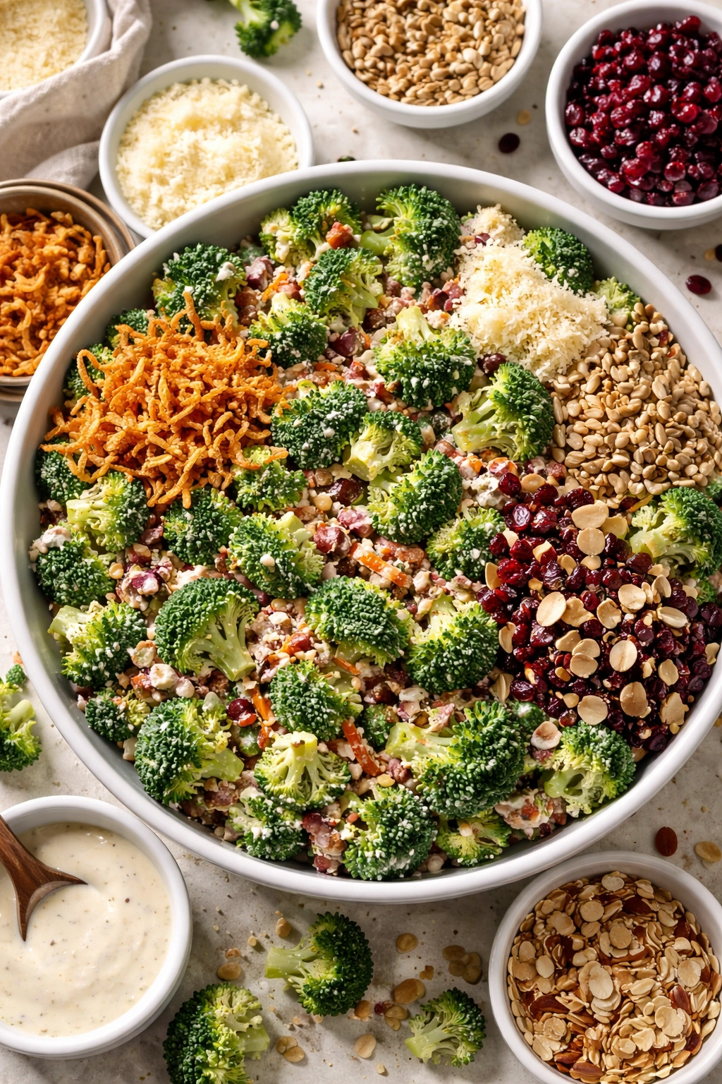 Close-up of broccoli salad with varied toppings to show customization options