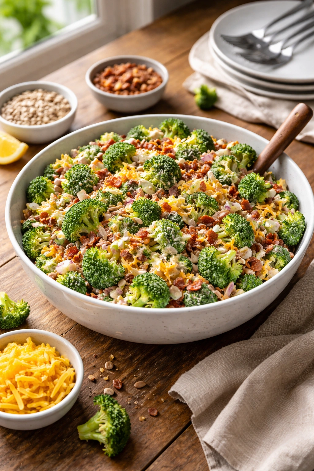 Large bowl of broccoli salad on a wooden table