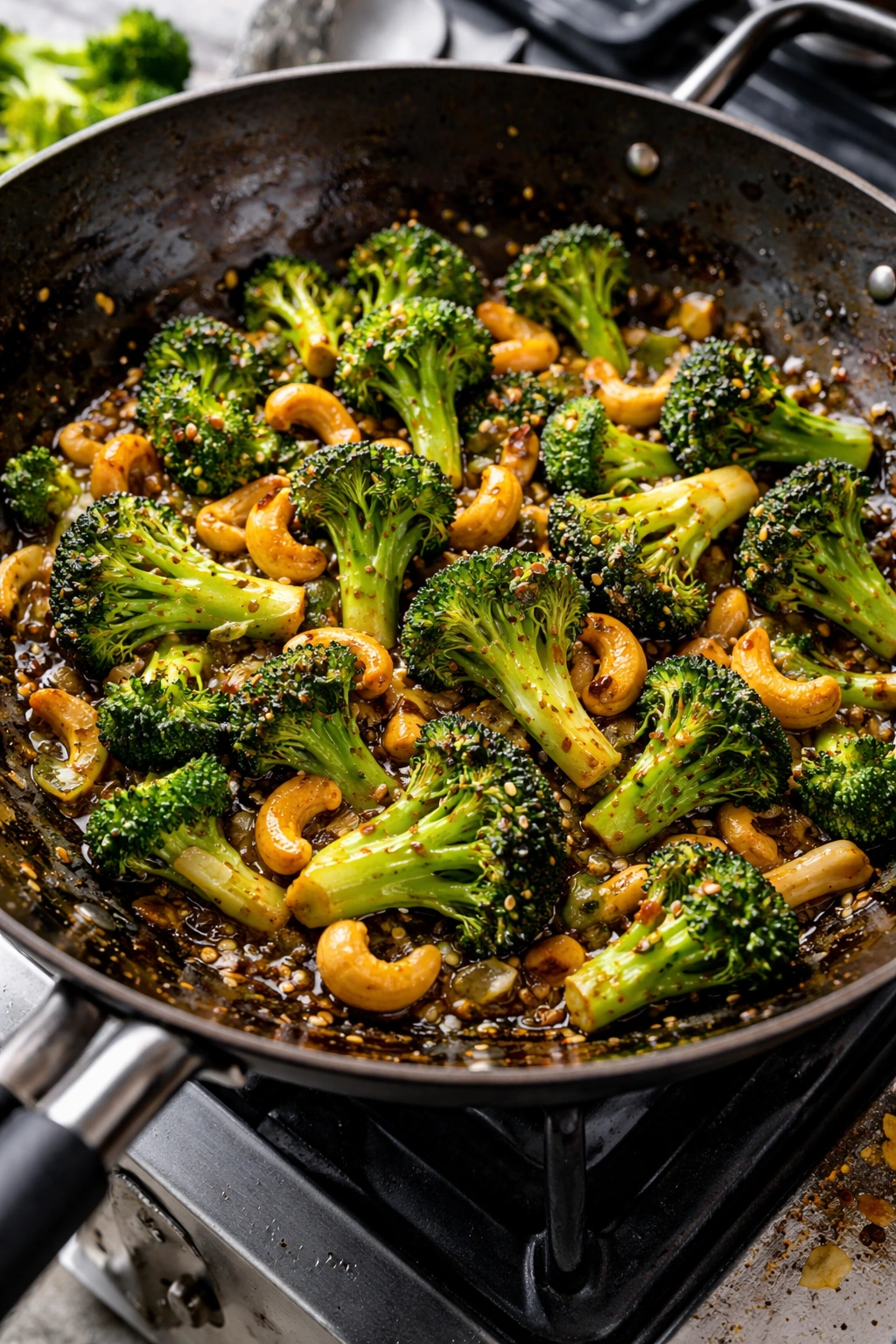 Close-up of charred broccoli, cashews, and glossy stir-fry sauce in a wok