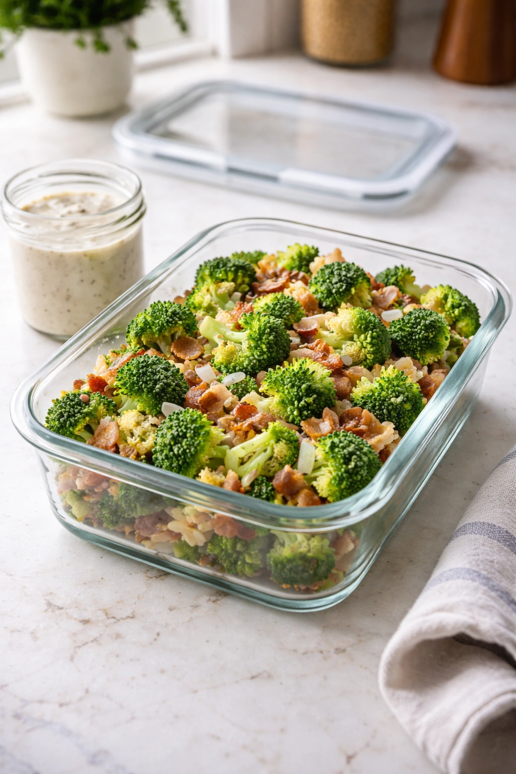 Clear glass container with broccoli florets for storage