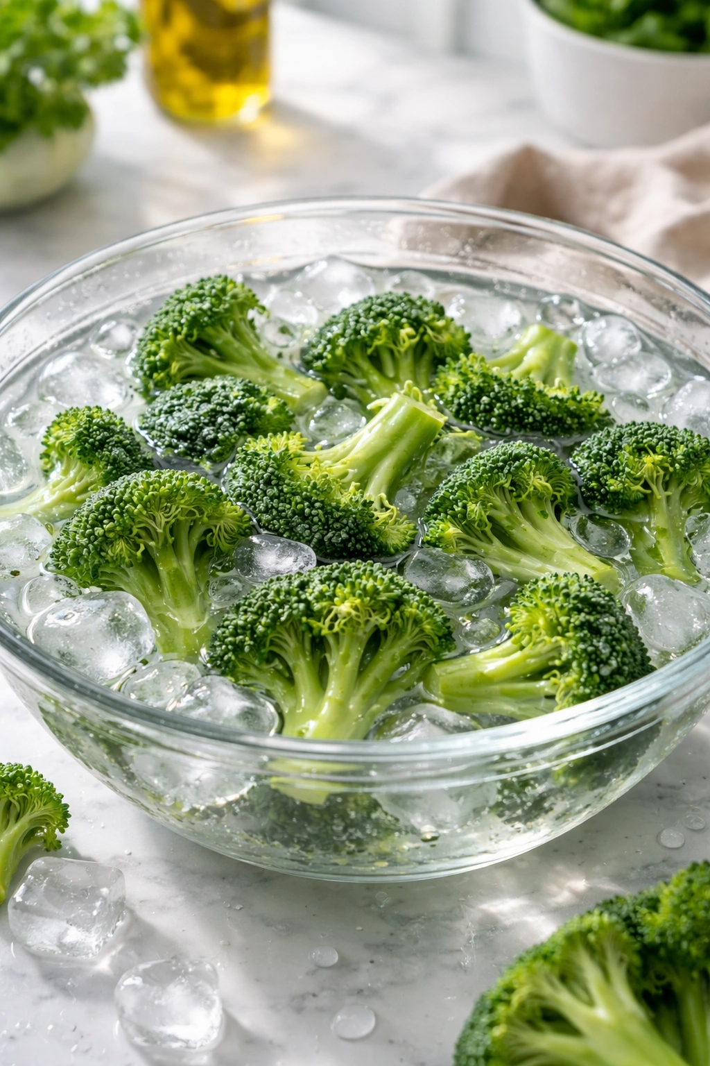 Close-up of broccoli florets in an ice bath showing crisp texture