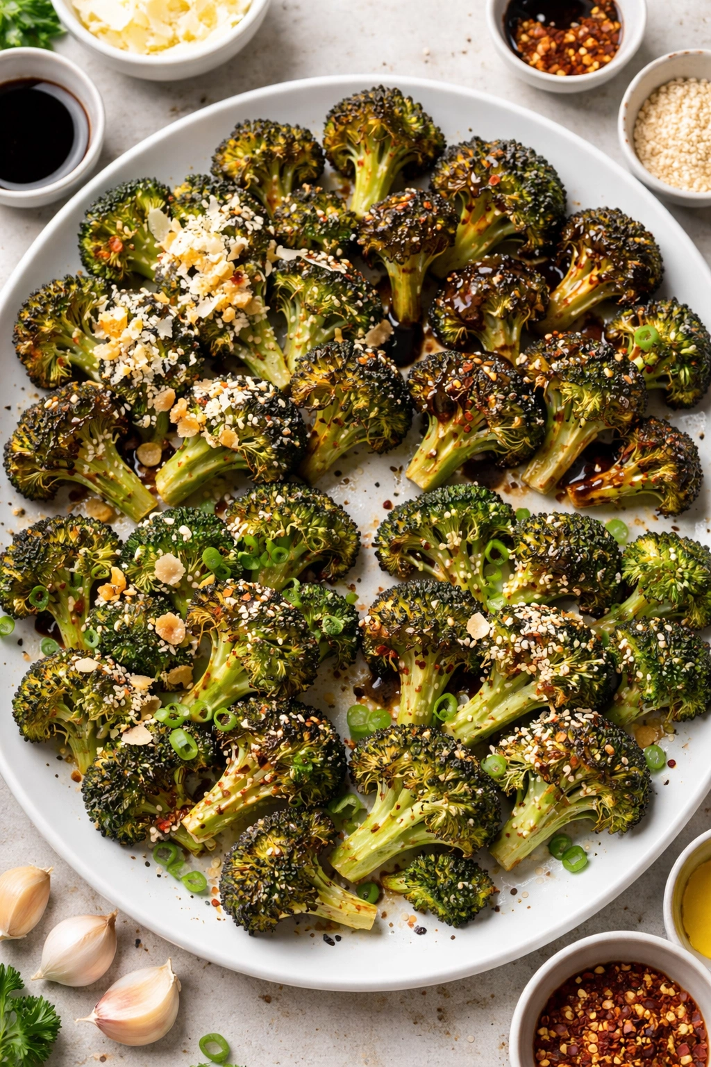 Roasted broccoli with parmesan, garlic pieces, and sesame seeds as toppings