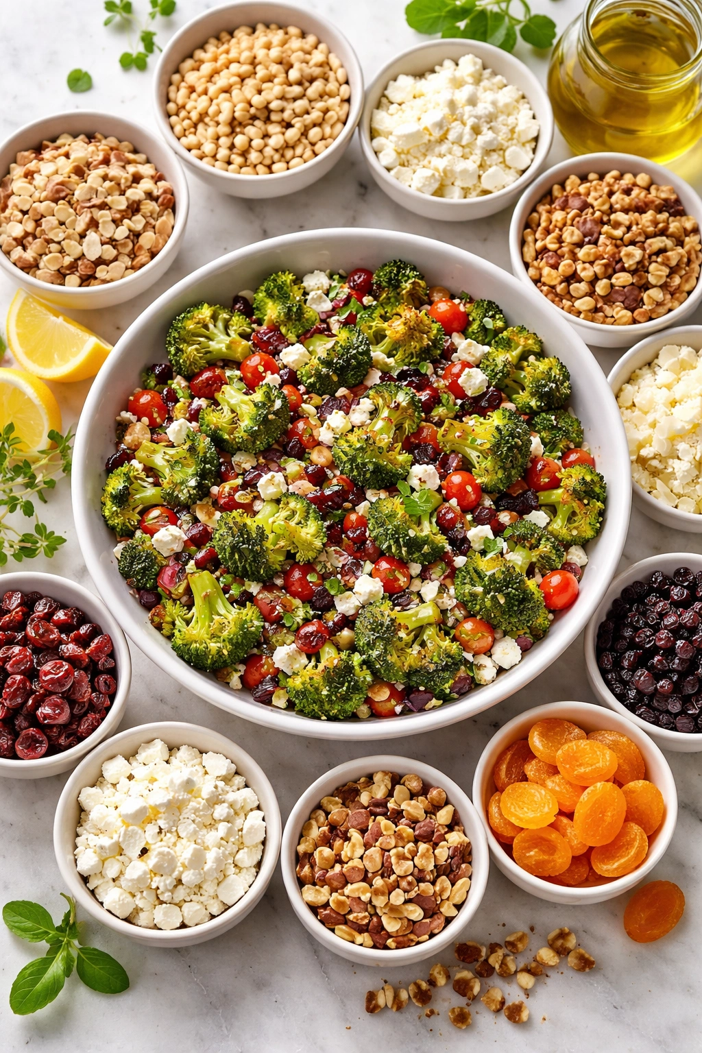 Broccoli salad variations with nuts, cheeses, and dried fruits for customization.