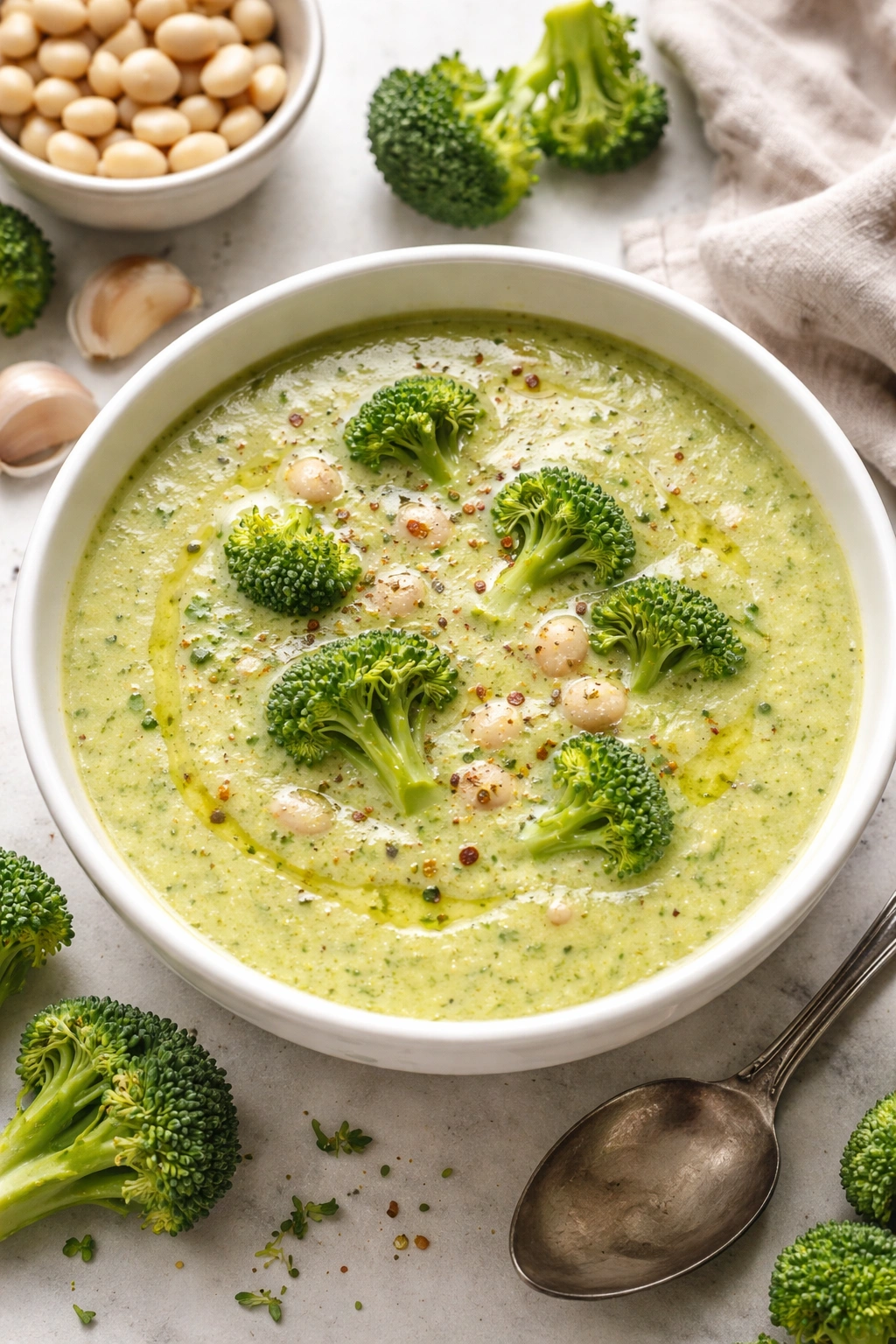 Creamy broccoli and white bean soup with broccoli florets in the surface