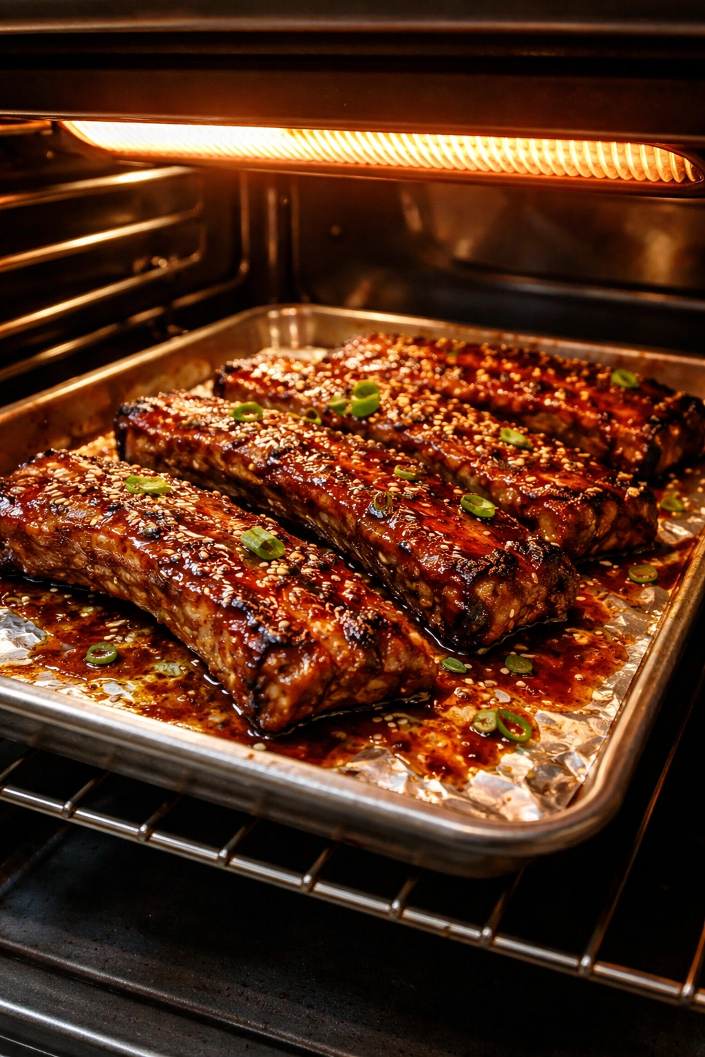 Ribs under the broiler with caramelizing glaze