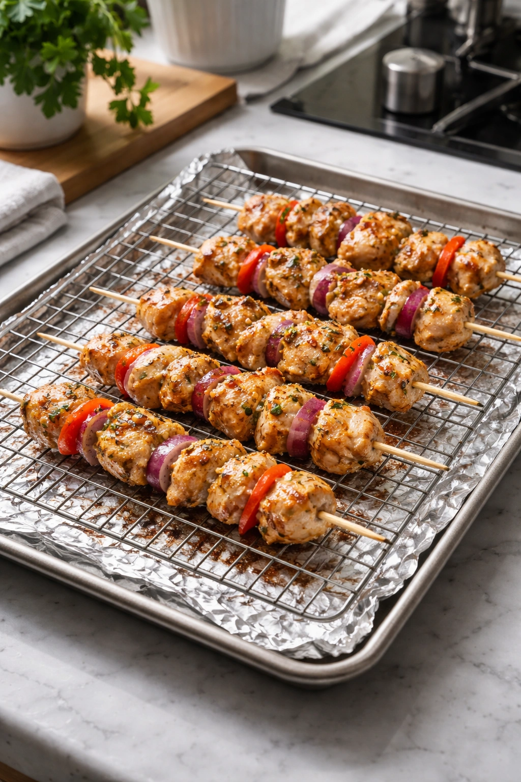 Skewers on wire rack over foil-lined sheet for broiling and stovetop cooking