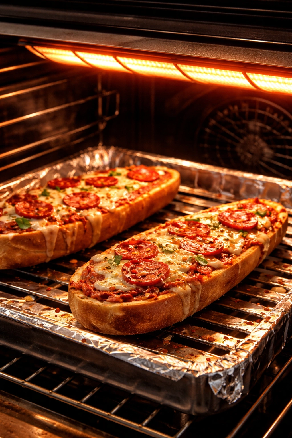 Bread half on a foil-lined broiler pan under glowing oven heating element
