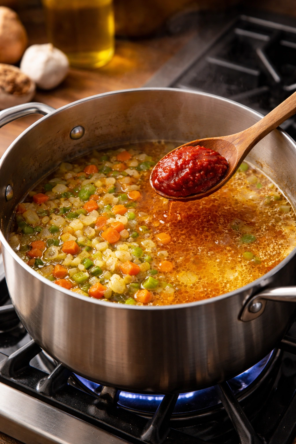 Simmering broth with aromatics and tomato paste being added