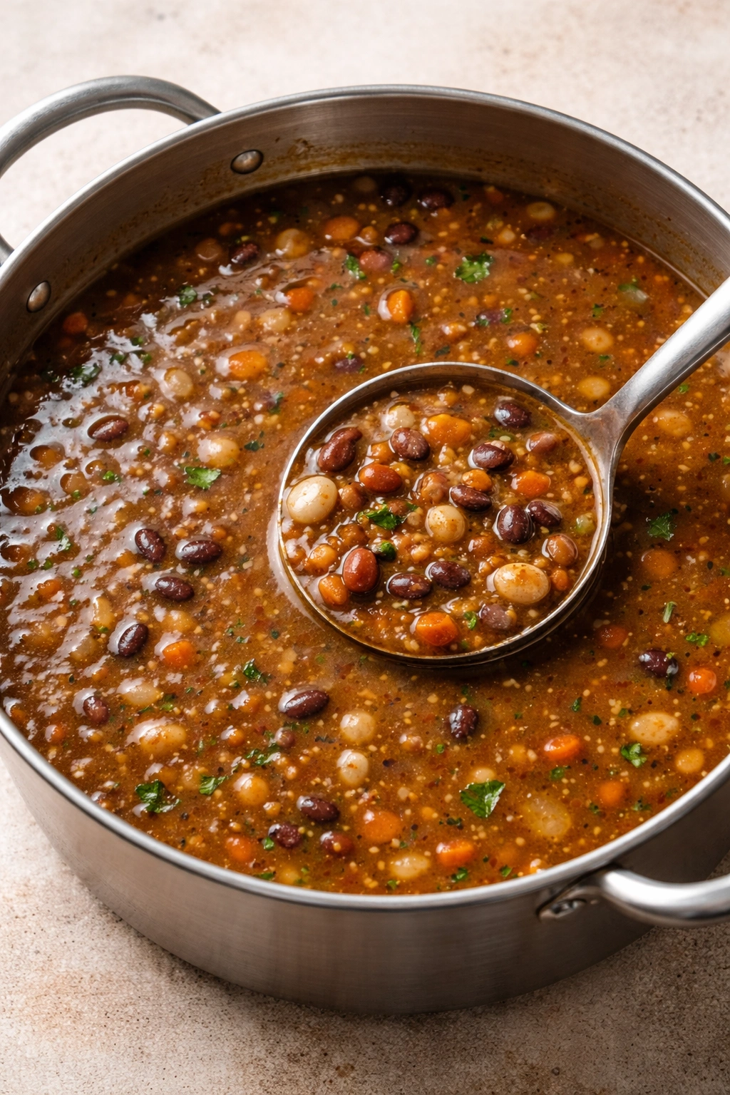Close-up of thick, savory broth with rich color and glossy surface.