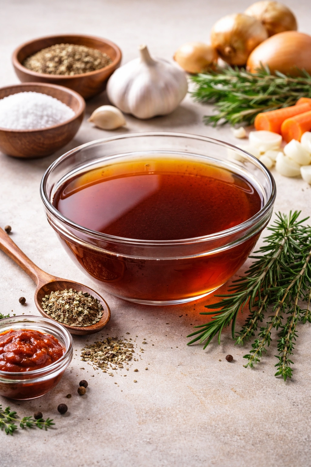 Clear glass bowl of broth showing liquid guidelines for all-day slow cooking