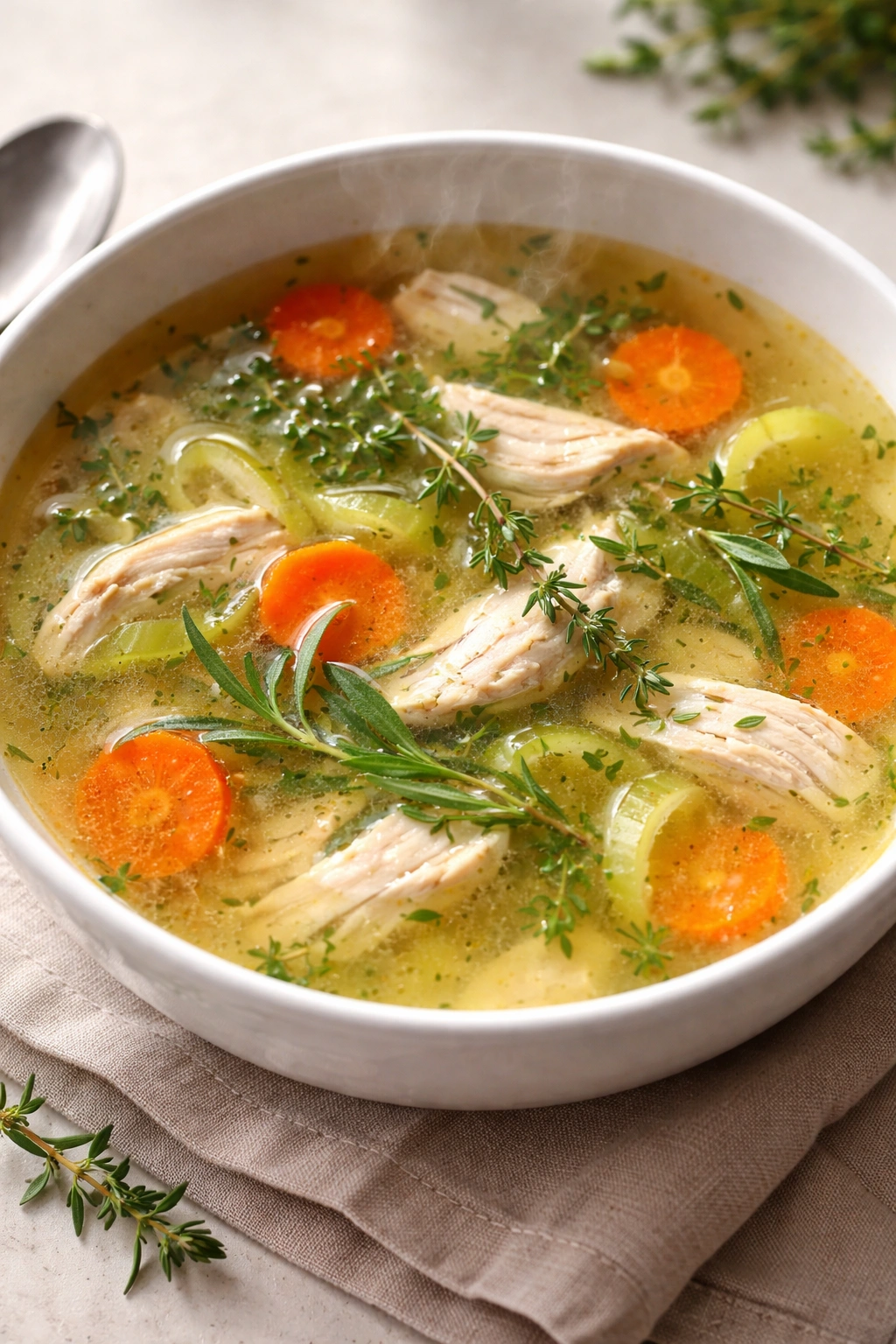 Clear broth chicken soup with thyme and tarragon garnish in a white bowl